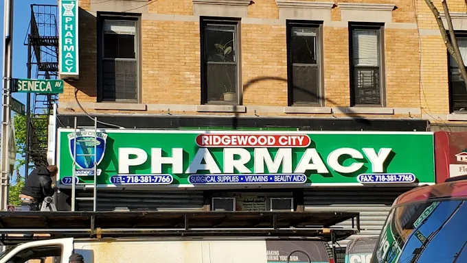 Ridgewood City Pharmacy storefront on Seneca Ave, Ridgewood, Queens